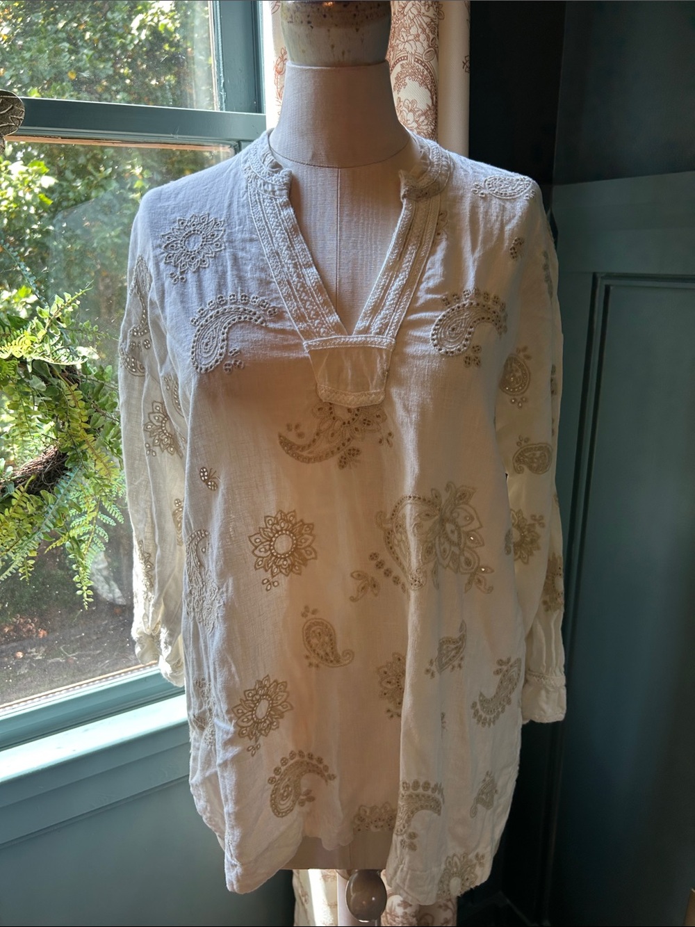 Elie brand Embroidered V-Neck Cotton Tunic Top - Cream